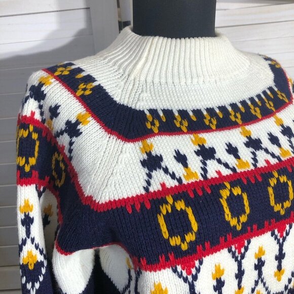 Vintage 90s JCPenney Fair Isle Ski Sweater Mock Neck Navy White Medium - Picture 9 of 11